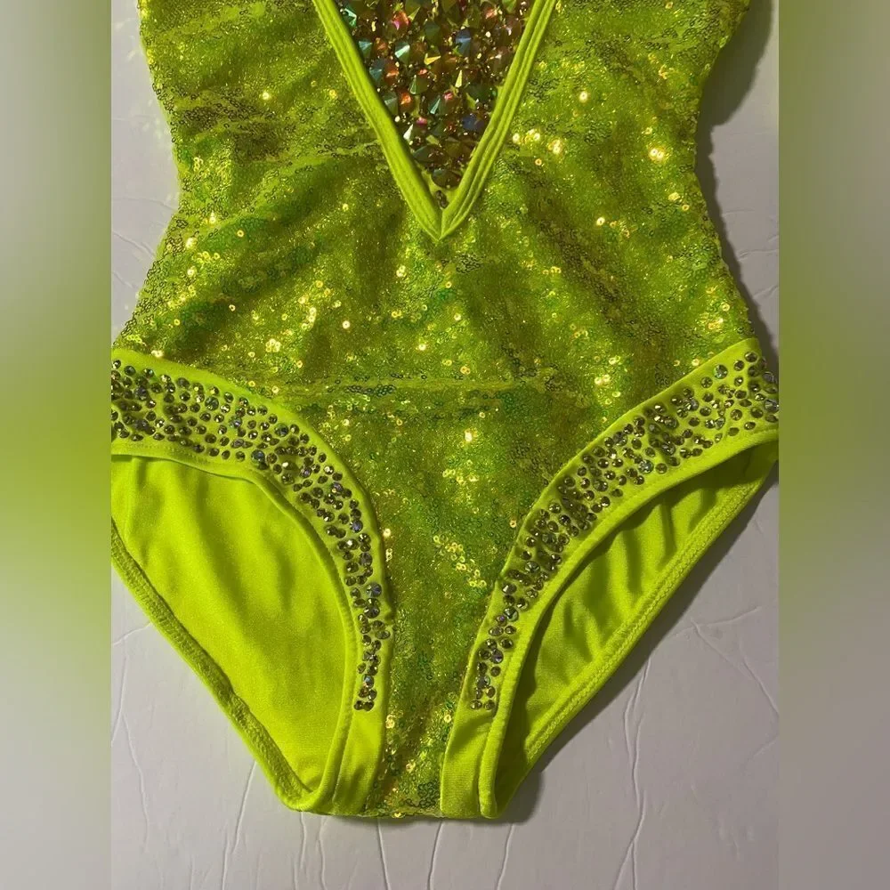 Rare Glamour Competition Solo Costume Neon Lime green Crystal Jazz Open SA adult